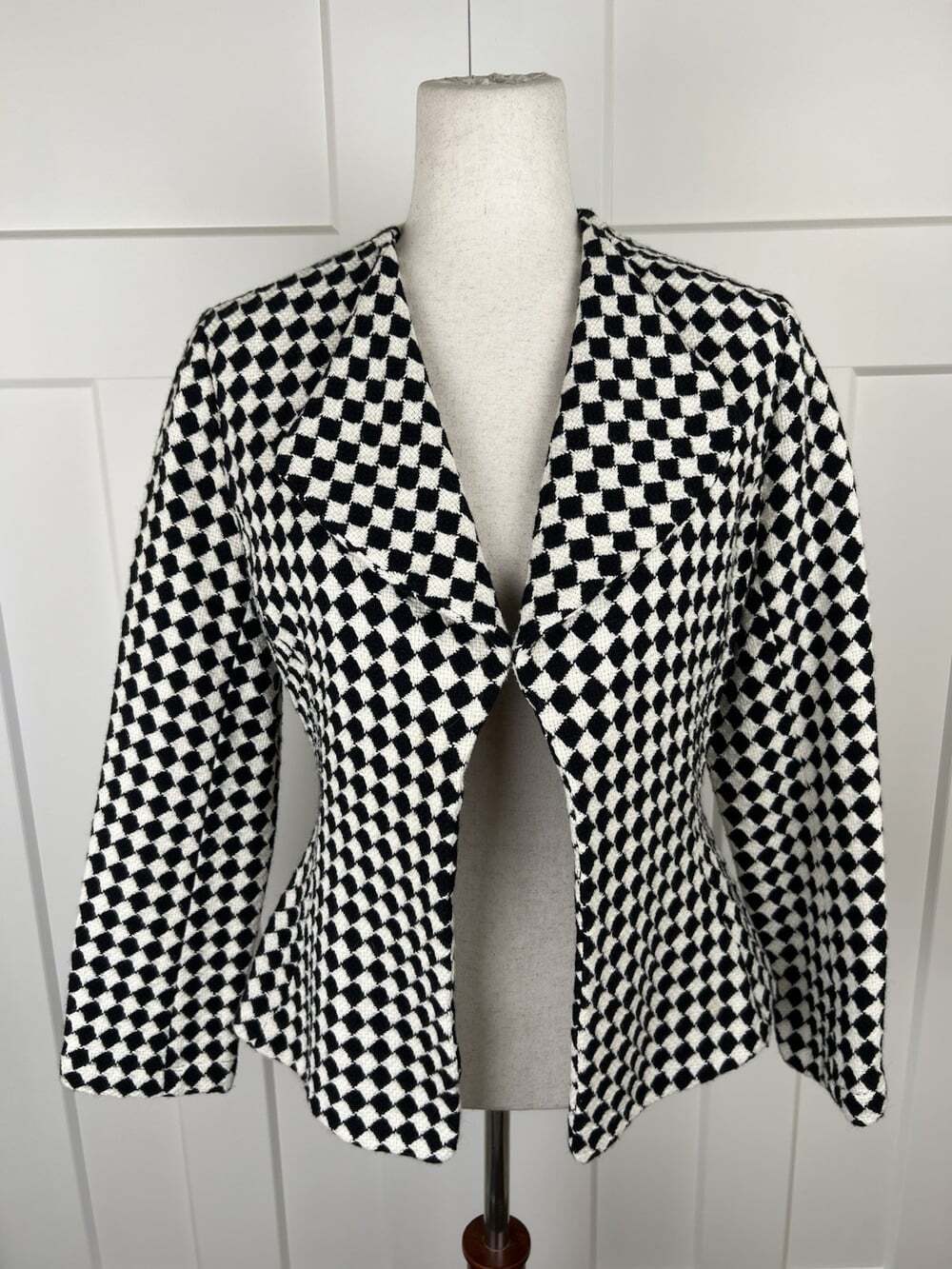 Lilith France Jacket S Black Cream Harlequin Cotton Wool Peplum Art to Wear